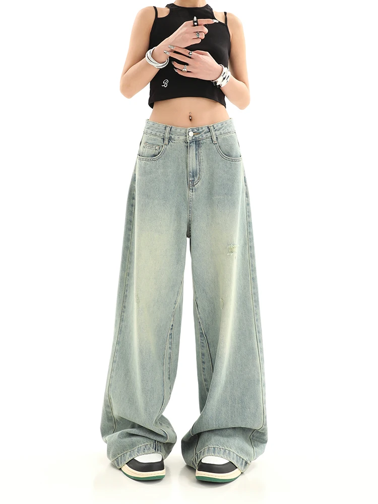 

Women Retro Wash Straight High Waist Jeans Baggy Ripped Design Denim Pants Female Harajuku Style Streetwear Chic Trousers