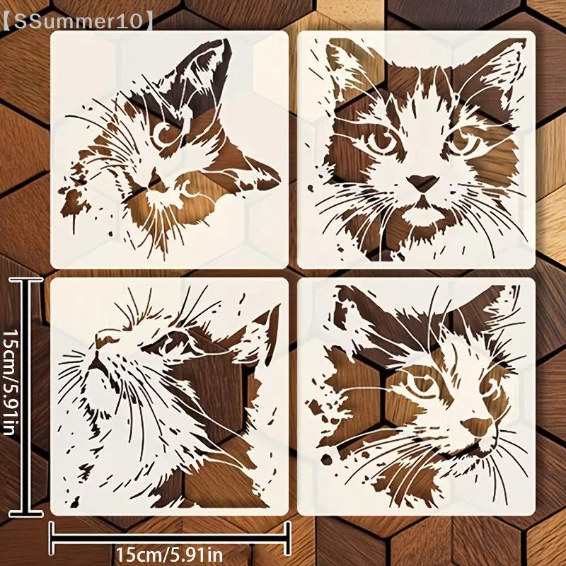 【Summer10】새끼 고양이 패턴이 있는 재사용 가능한 고양이 그림 스텐실 4개 - 나무 표지판, 벽, 저널용 속이 빈 DIY 몰드【SS】