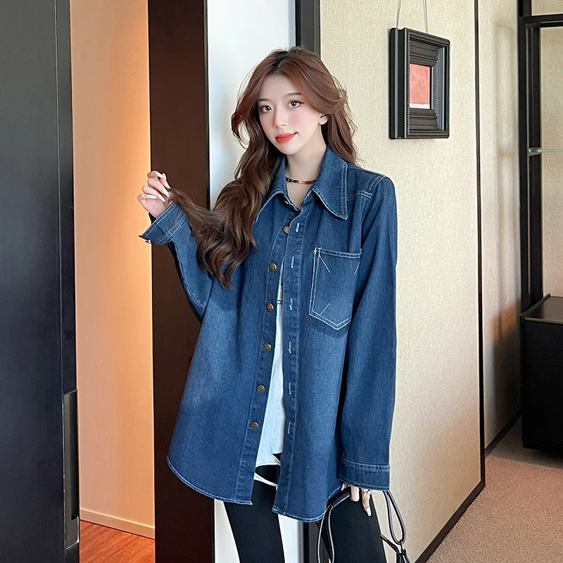 

Женская однобортная джинсовая рубашка, Повседневная Свободная синяя куртка в стиле ретро, 2022