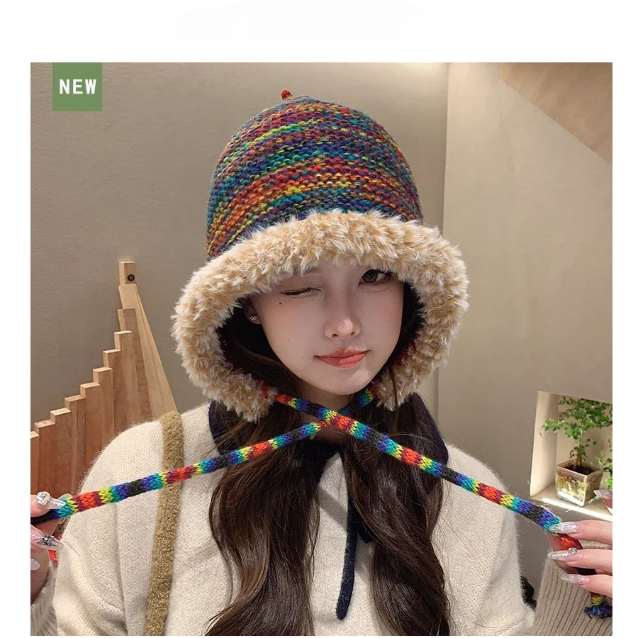 New Autumn Women Knitted Beanie Cap Rainbow Striped Beanies Hats Winter Warm Hip Hop Punk Reggae Skull Hat  Korea Style Gorro 3