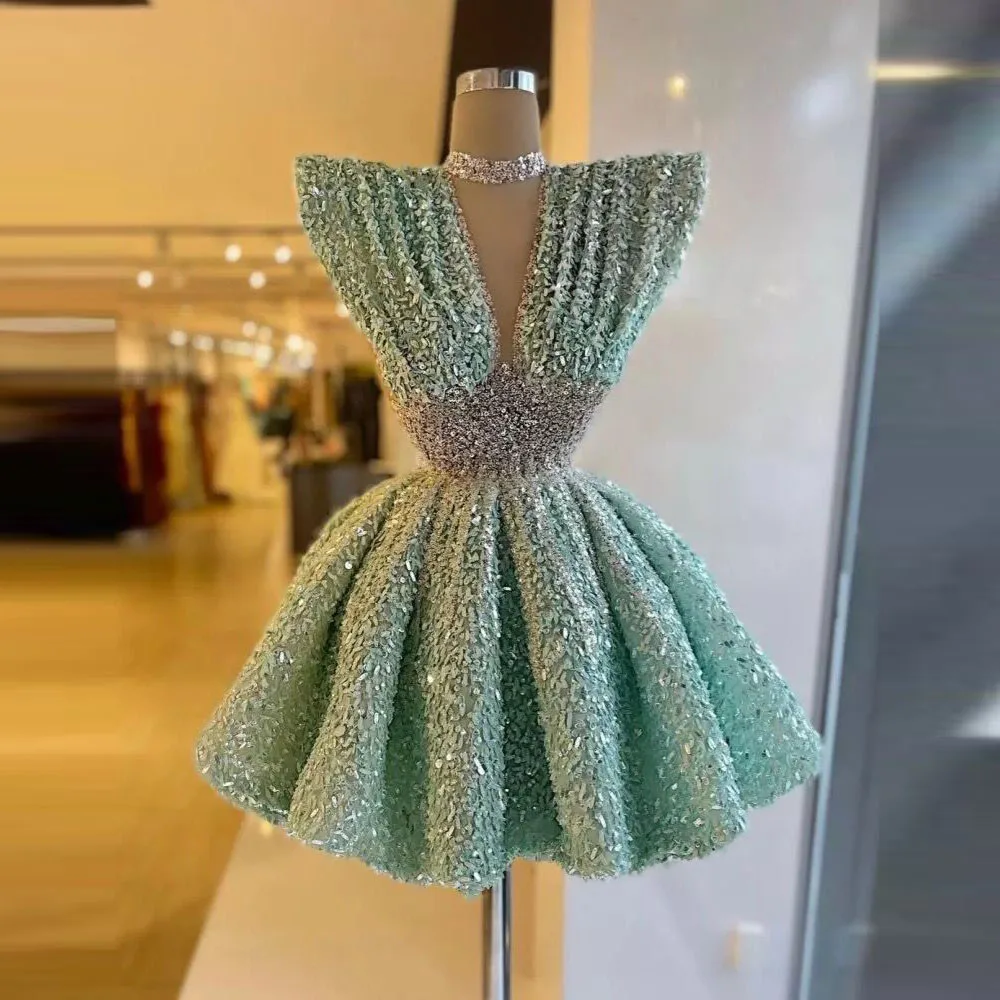Evening Dresses Cocktail Dress Sequined Sage Cocktail Party Dress High Neck Beads Sequins A Line Short Prom Dress Yong Girls Birthday Gowns for Photo Shoots
