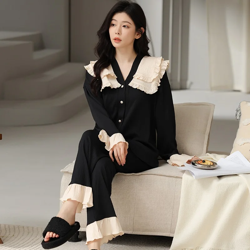 

Autumn Women Ruffled V-Neck Pajamas Sets Cotton Pijamas Mujer Long Sleeve Nightgown Cardigan Sleepwear Bathrobe Leisure Homewear