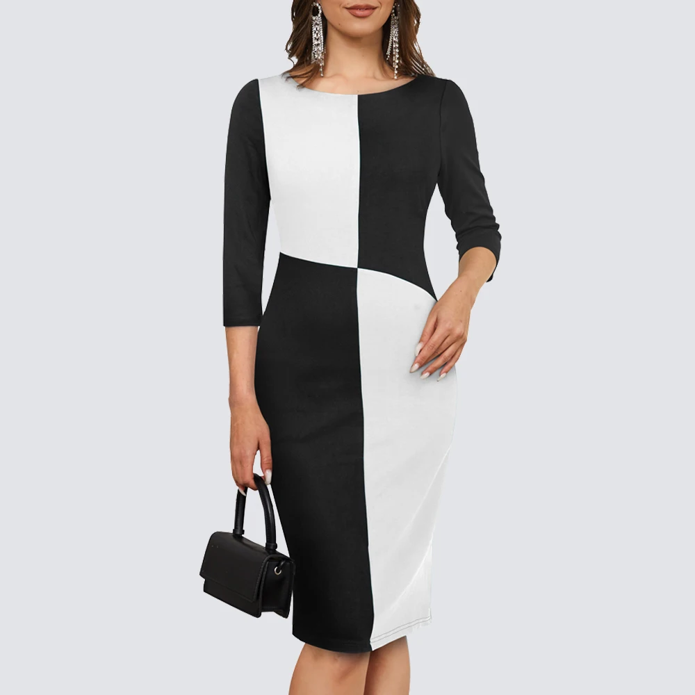 

Spring Women Fashion Elegant Contrast Patchwork Dresses Work Office Vintage Bodycon Slim Dress HB740