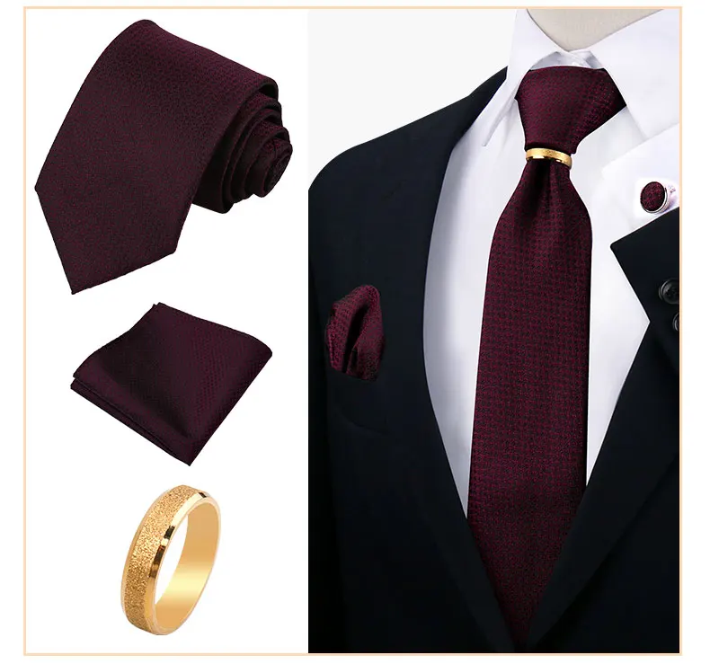 Krawattenring für Männer, luxuriöse Krawatte, Einstecktuch, Manschettenknöpfe mit goldenem Metallring, Anzug, Paisley, rote Krawatte für Hochzeit, 8 cm Herren-Accessoires – Detail 9