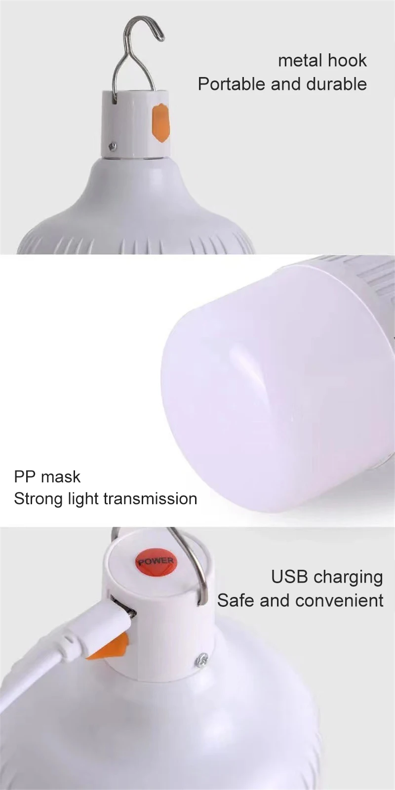 Description Picture 2 of item1/2/3pcs Camping Light USB Rechargeable LED Emergency Lamp Outdoor Portable Lanterns with Hook for BBQ Tents Battery Bulb