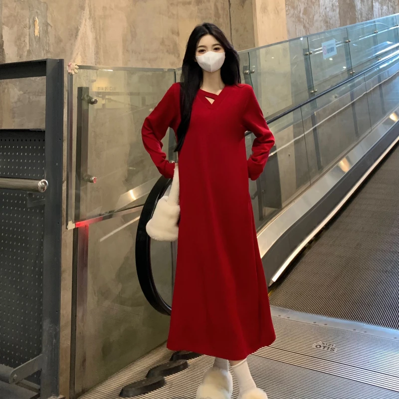 

Spring Autumn Knitted Long Dresses For Women M-4XL Female Square Collar Long Sleeve Black Red Party Elegant Buttons Slim Vestido