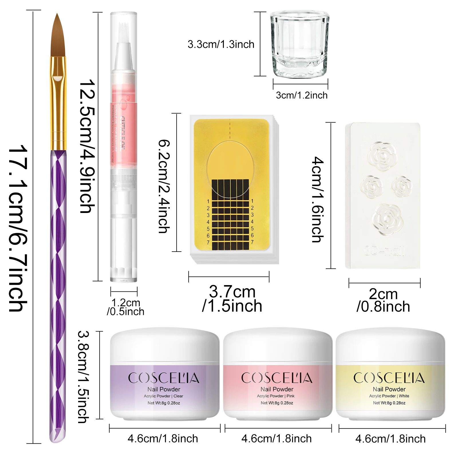 Coscelia Nail Starter Kit with 3PCS Acrylic Powder and Rose Cuticle Oil 3D Nail Mold Glass Cup Nail Art Pen Brush Nail Art Tools 6