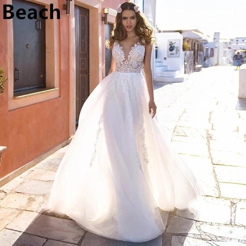 

On Sale Charming Backless Lace Bridal Wedding Dresses Sleeveless V Neckline Appliqued Wedding Gowns for Bride Sweep Train