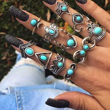  Ethnic Style Turquoise Crown Exaggerated Jewelry Moon Personality Owl Joint Ring 11-piece Set for Women Fine Jewelry Party Gifts 