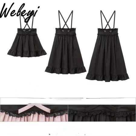 Japanese Classic Camisole Slng Skirt Jirai Kei 2024 Summer New Sweet Girl Dream Fashion Multi Sizes Black Strap Skirts for Women