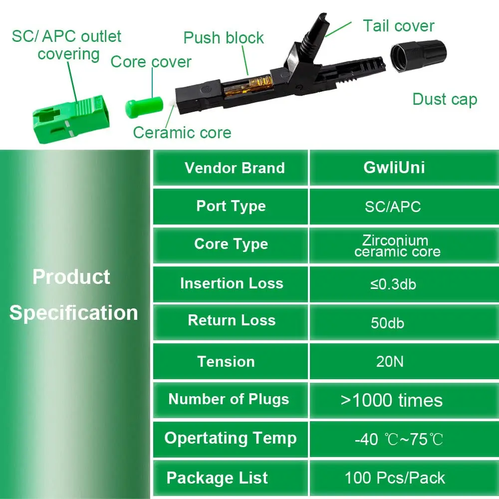 50 Pcs SC Fiber Optical Fast Cold Connector Single Mode Quick Assembly Adapter Plug for FTTH,CATV etc, (SC-APC)