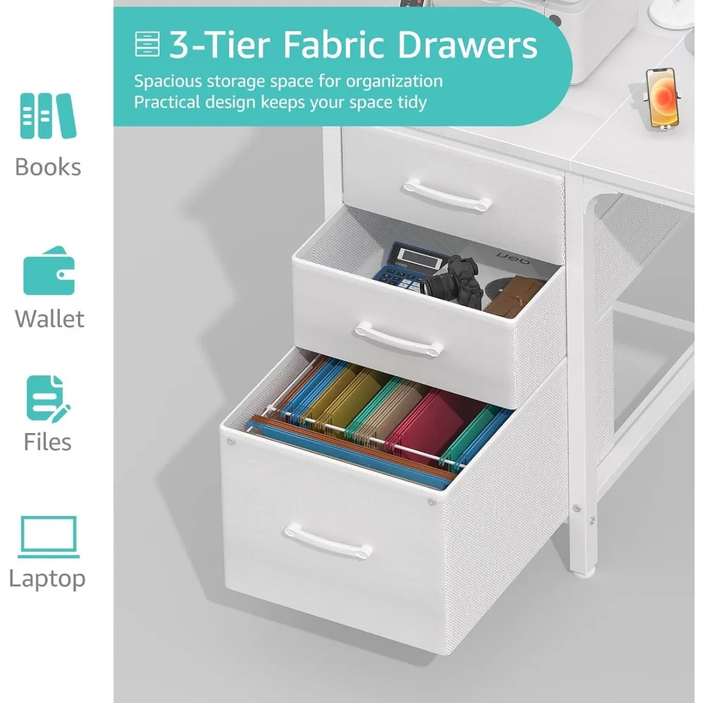 White Computer Desk with Fabric File Drawers Cabinet, 47 Inch Computers Desks 6