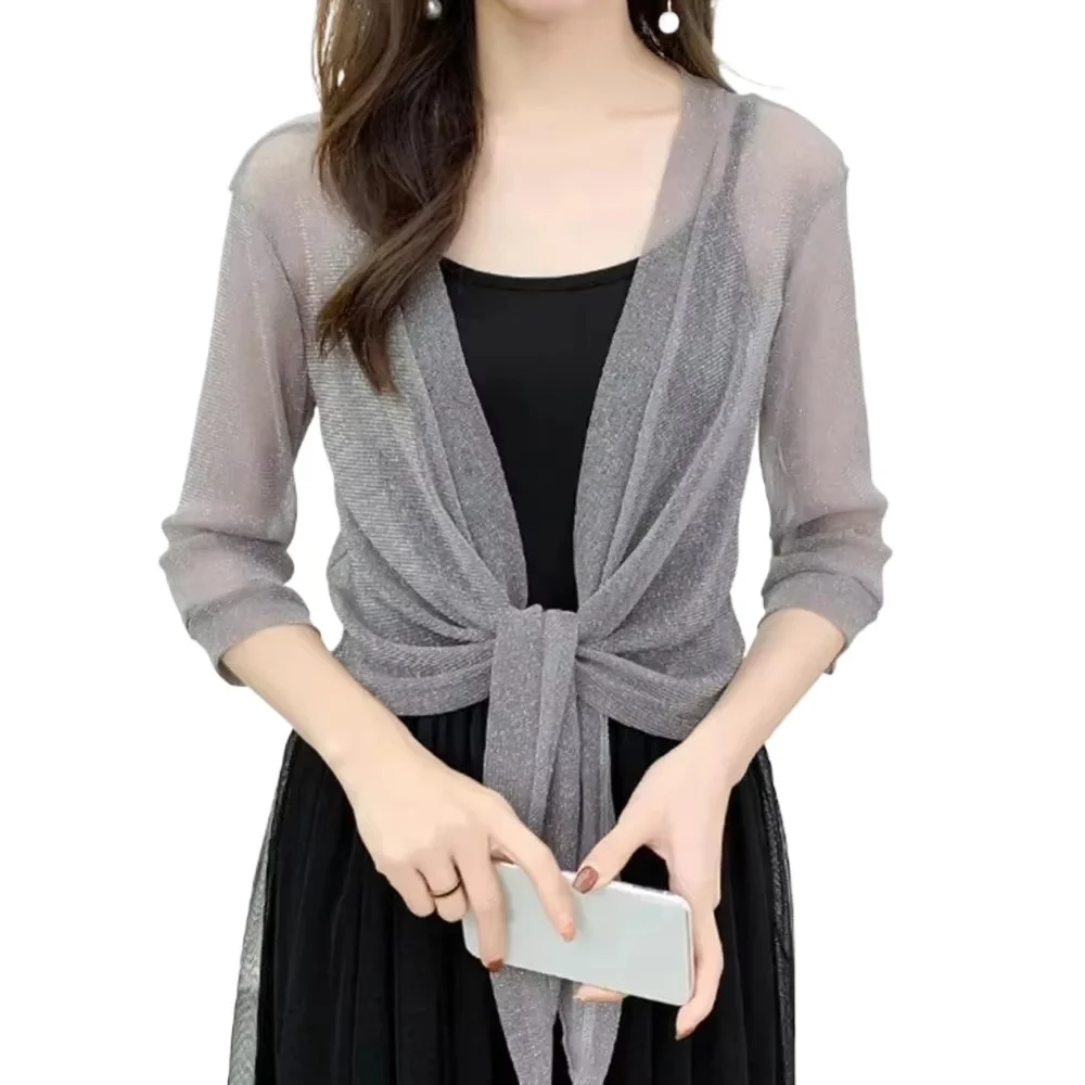 Cardigan à lacets scintillant pour femmes, couverture transparente d'été, chemisier ample léger, manches mi-longues, vêtements de plage, veste décontractée à paillettes