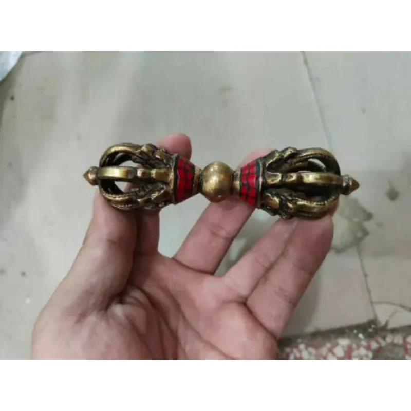 

12cm Old Copper Red Coral Dorje Phurpa Pestle Vajra Charm Faqi