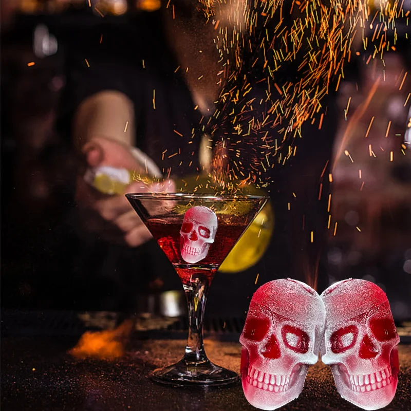 Halloween Party Ice Cube Mold 3D Skull Shape Food Grade Silicone Tray 4/6 Cavity for Whiskey Cocktail Baking Chocolate