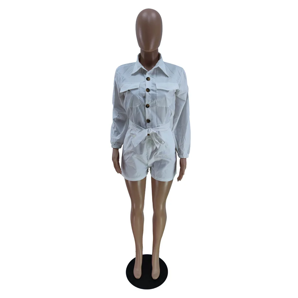BKLD Fashion Romper For Women One Pieces White Long Sleeve Lace-Up Buttons Pockets Casual Solid Color Playsuits Short Jumpsuits
