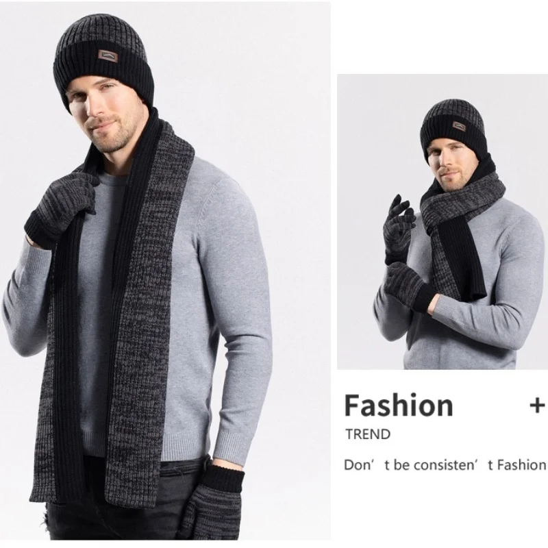 Premium Hat Glove Scarf Three Piece Set Winter Outdoor With Fleece Insulation Ear Protection Knitted Yarn Wool Hat Men Female
