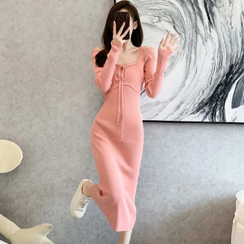 

Sweater Dress Woman Autumn Winter 2024 Female Knit Dresses Casual Midi Bodycon Wrap Sexy for Fall and Winter Pink Free Shipping