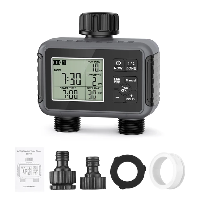 Water Timer Garden Irrigation System 2 Outlets Automatic Timing Valves Controller Rain Delay Watering Large LCD IPX5 Waterproof 5