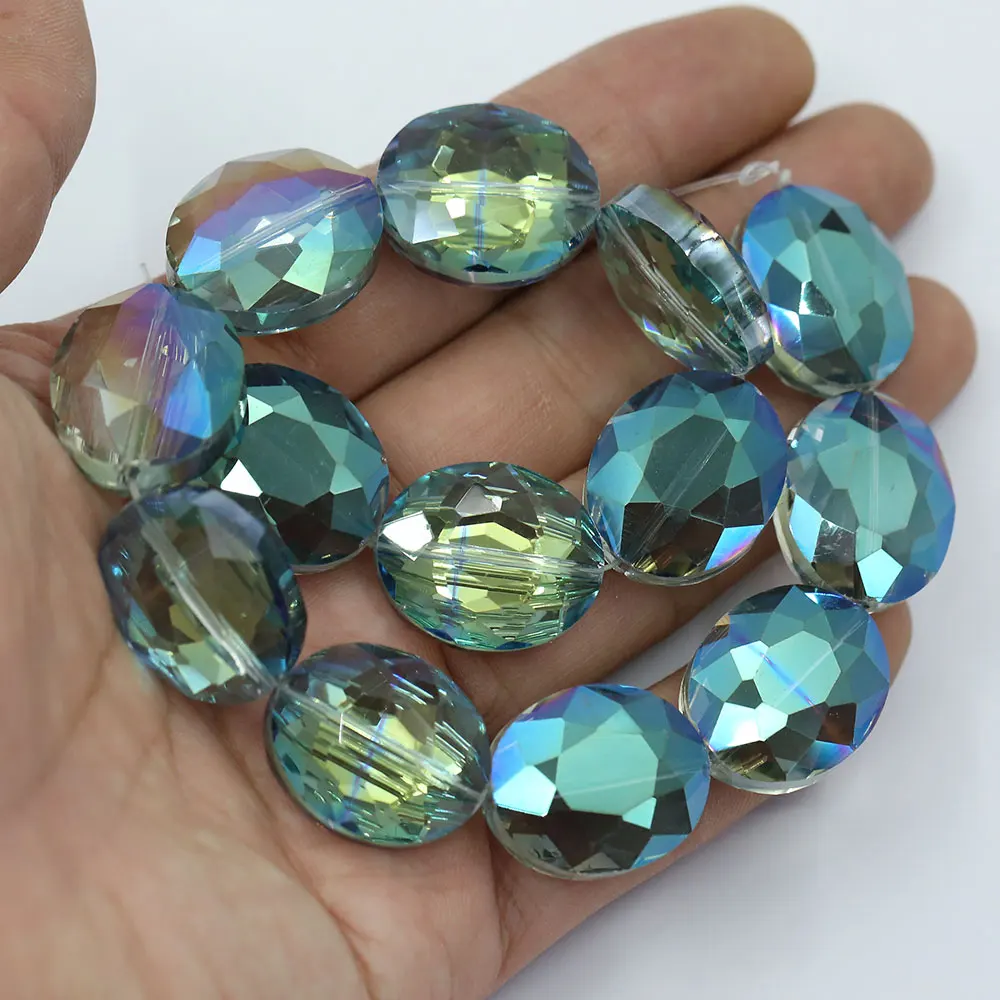 25mm Natural Blue Green Crystal Glass Faceted Oval Nugget Loose Beads 12