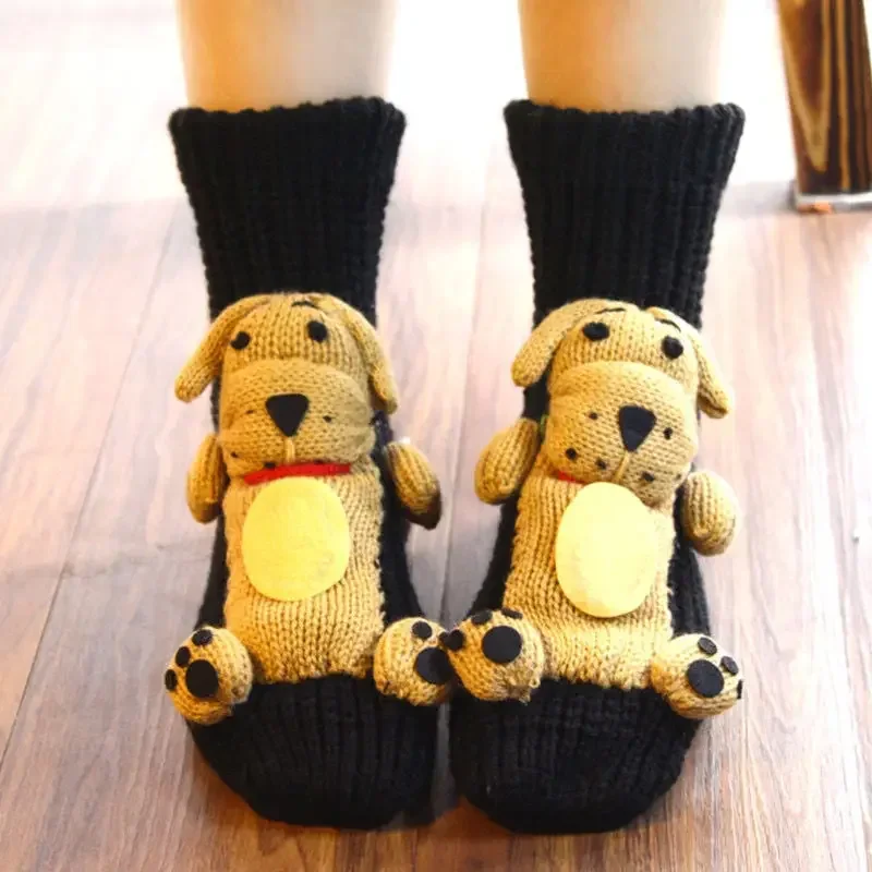 Winter Thick Woolen Socks Thicken Warm Socks Slippers Women Non-slip Foot Warmer Snow Funny Cute Cartoon Animals Prints Socks 3D