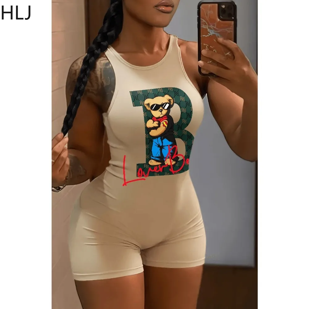 HLJ Sexy Pattern Printing Bodycon Rompers Women Strap Sleeveless Slim Skinny Shorts Jumpsuits Casual Female Sporty Overalls 2023