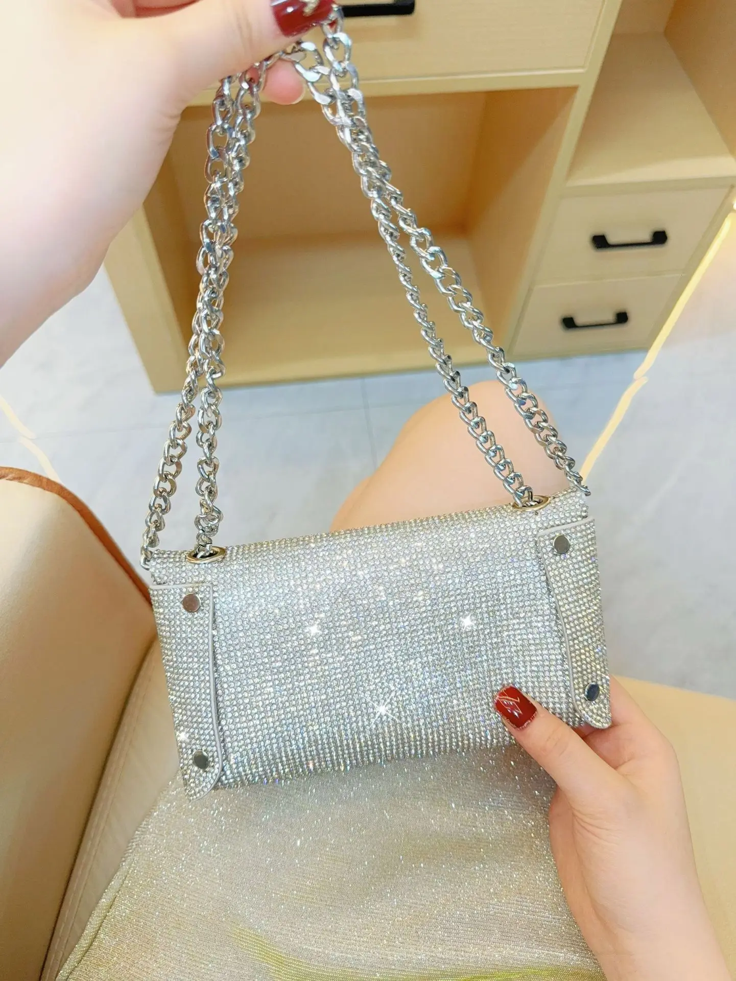 Shining Crystal Diamond Silver Black Evening Bags For Women Wedding Prom Party Cute Bow Clutches Handbag Chain Shoulder Bag 2024