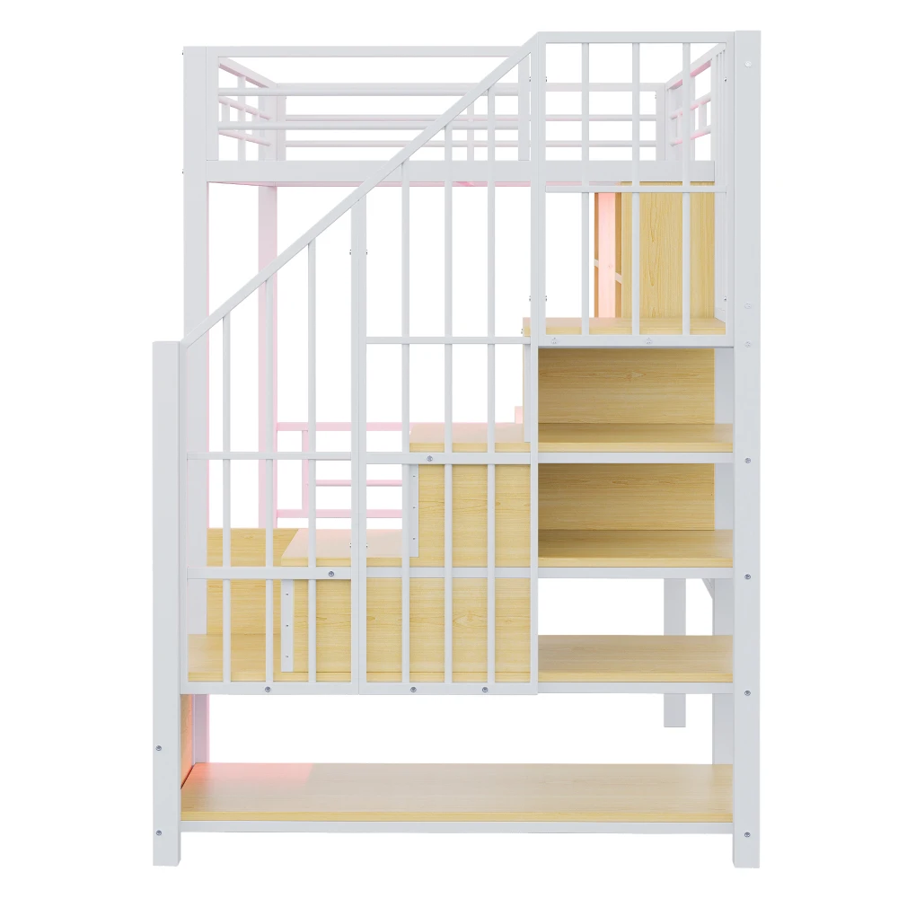 Hochbett 90×200cm, mit Regal, Schreibtisch, Steckdose und LED-Beleuchtung, integriertem Stauraum-Treppenhaus (links/rechts montierbar), Eisenrahmen – Detail 16