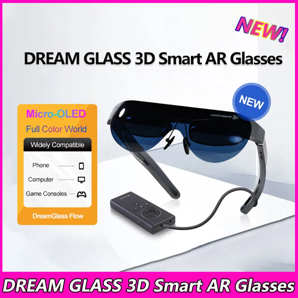 Dreamglass Flow 3D Smart Ar Glasses 160 Pollici 4K Hd Micro Oled Screen Occhiali Virtuali 0-500 ° Miope Regolazione Smart Lens
