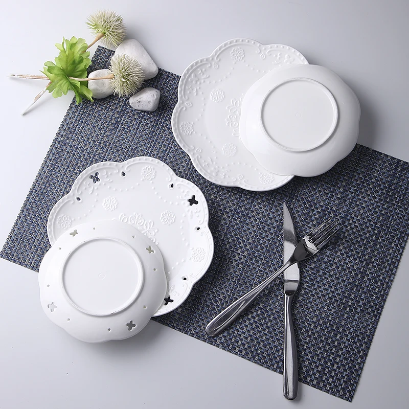 3pcs set, 6+8+10inch, white embossed porcelain cake plate, butterfly design, service the table, dinner plate sets, dinnerware