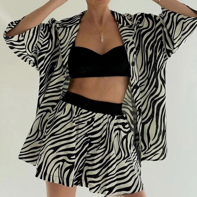 Women Two Piece Sets Outfits Zebra Printed Loose Shirt Tops And High Waist Shorts Set 2025 Casual Streetwear Summer New