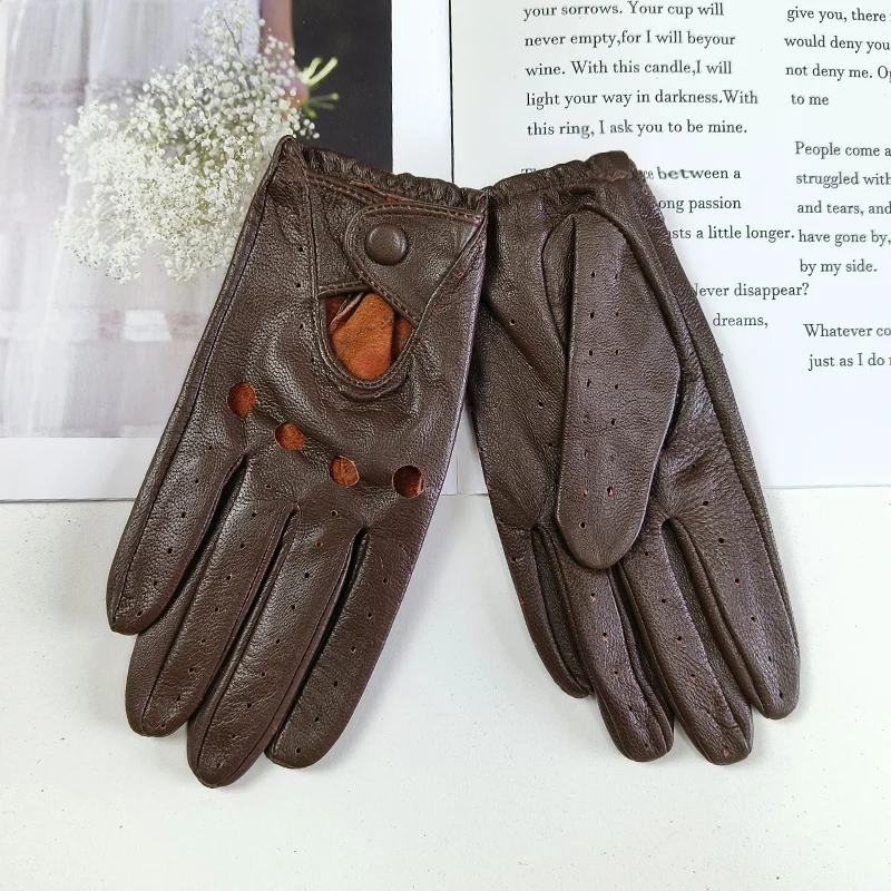 Thin Women's Sheepskin Driver Gloves Summer Breathable Snap Button Colored Genuine Leather Gloves