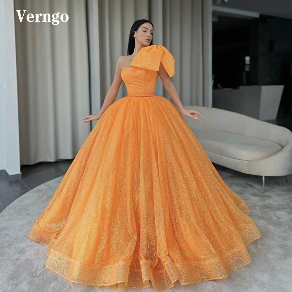 

Verngo Sparkly Orange Prom Dresses With Bow Shoulder Puff Skirt Long Evening Gowns 16 Sweet Girls Party Quinceanera Dress