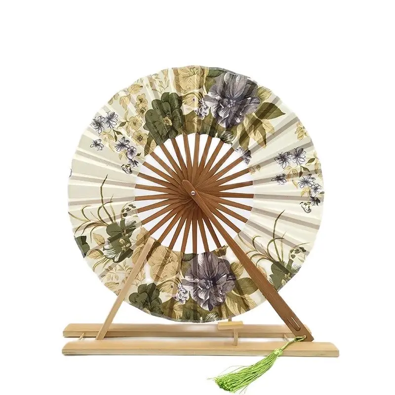 Japanese Style Sakura Flower Printed Fan Folding Hand Fan Round Circle Wedding Party Decor Gift Bamboo Windmill Home Decor
