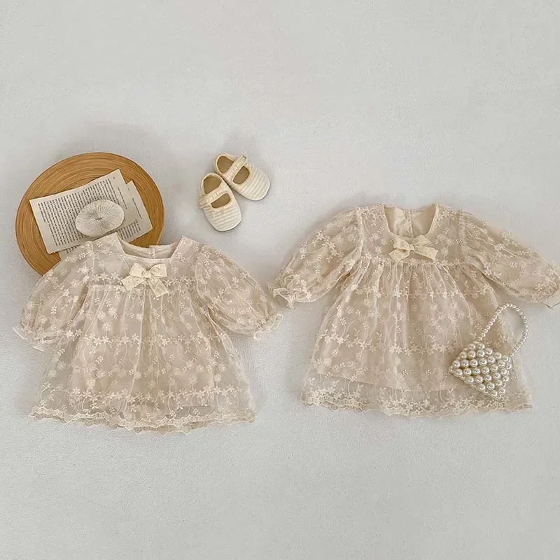 

2023 Autumn New Baby Long Sleeve Romper Gauze Bodysuit For Newborns Girls Lace Bow Dress Kids Jumpsuit Clothes Children Clothing