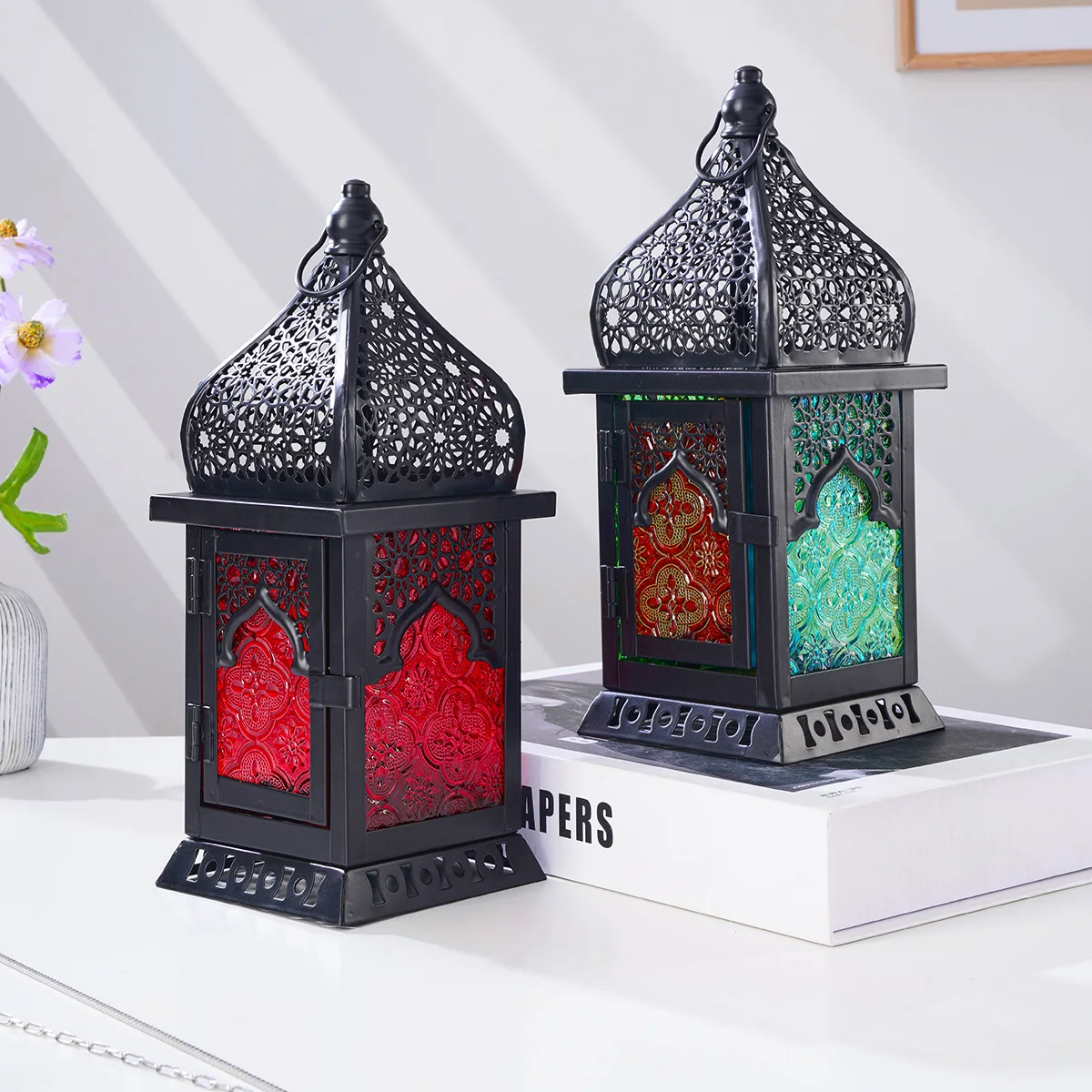 1PC, European-style castle-shaped hollowed-out patterned colored glass candlestick, ironwork hanging glass candlestick
