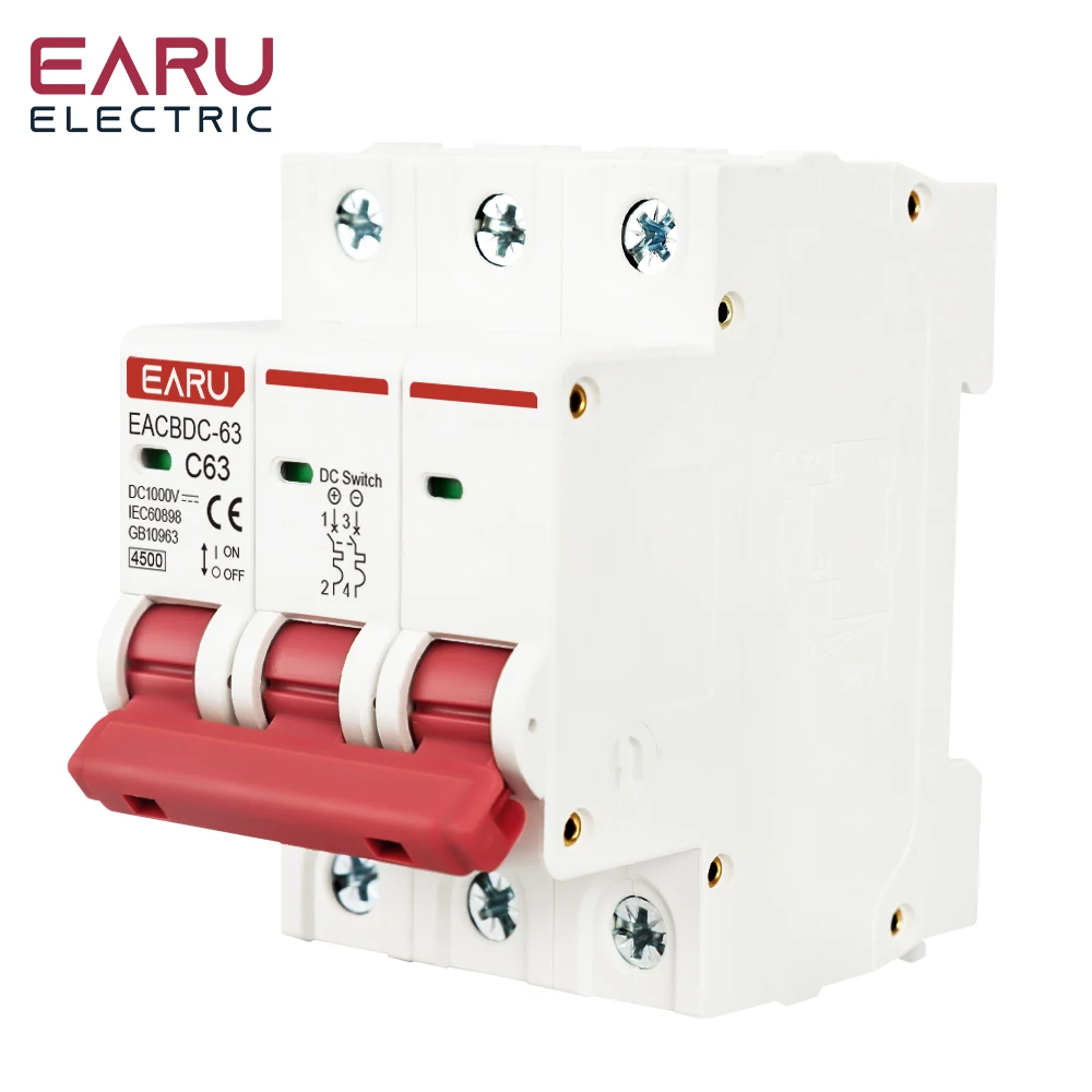 DC 1000V 1P 2P 3P 4P Solar Mini Circuit Breaker Overload Protection Switch6A~63A
