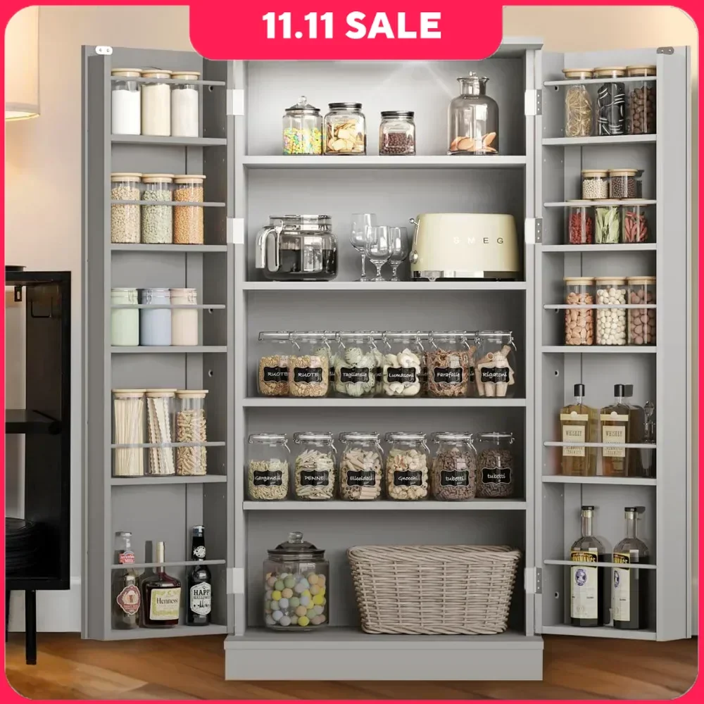 LED Kitchen Pantry Storage Cabinets 50 Inch FreeStanding 2 Doors and Shelves Adjustable Living Room Kitchen Buffet foldable cabinet