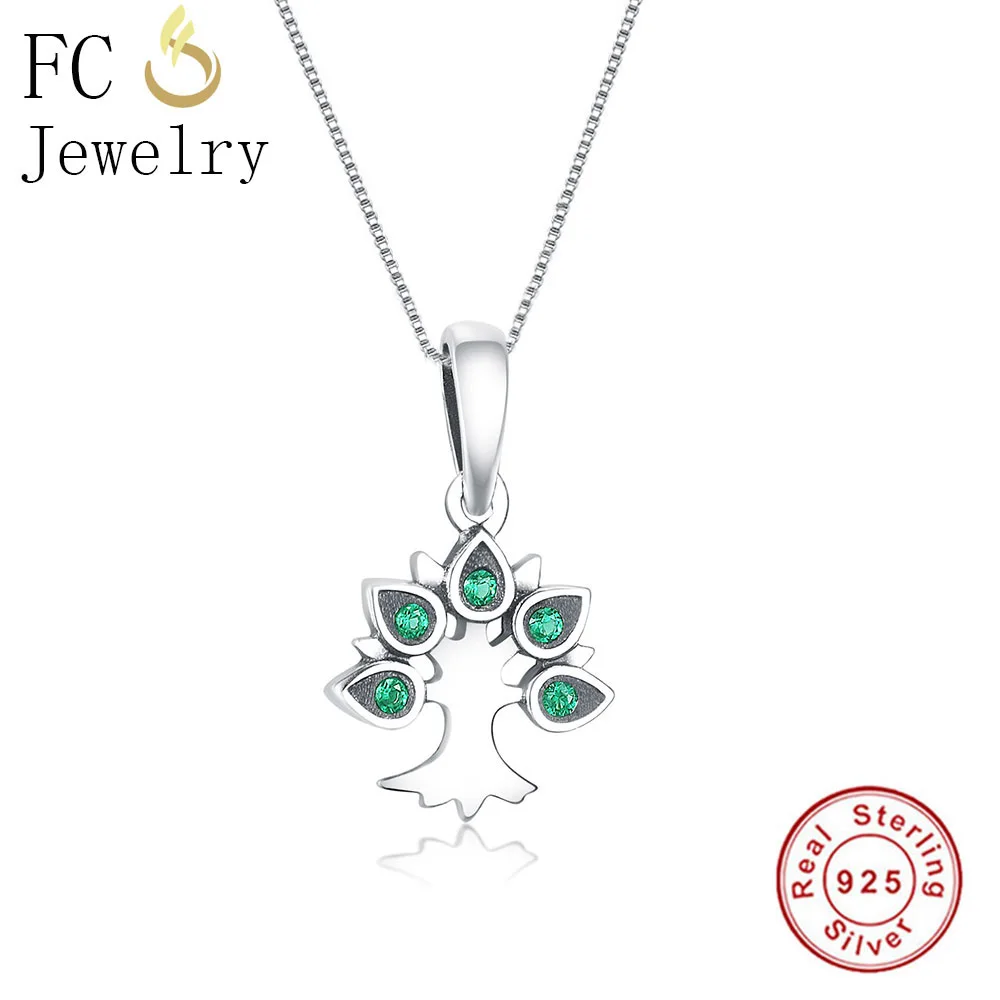 

FC Jewelry 925 Sterling Silver Tree of life Green CZ Stone Pendant Necklace Link Chain European Women Chokers Trinket Gift 2018