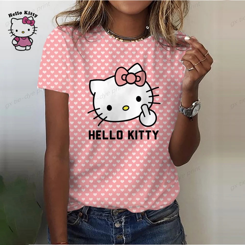 thumbnail image 1 of Camiseta de algodón de Hello Kitty para mujer, camiseta de verano con estampado de dibujos animados y cuello redondo, camisa de manga corta para mujer, chándal, ropa holgada, 1 of 5