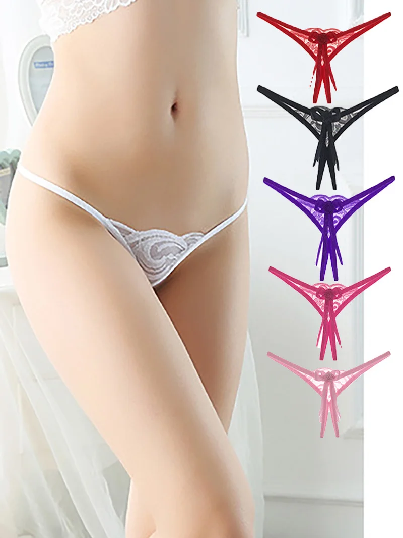 

Lace thong women's fun open crotch transparent sexy underwear bow low waist hollow t-pants LE2216