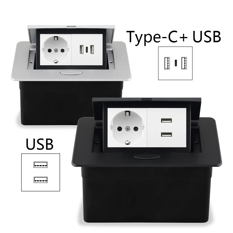 Table Outlet EU Socket With USB Type C Socket In the Counter Pop Up Socket Desktop Socket Aluminum Cover Concealed Socket