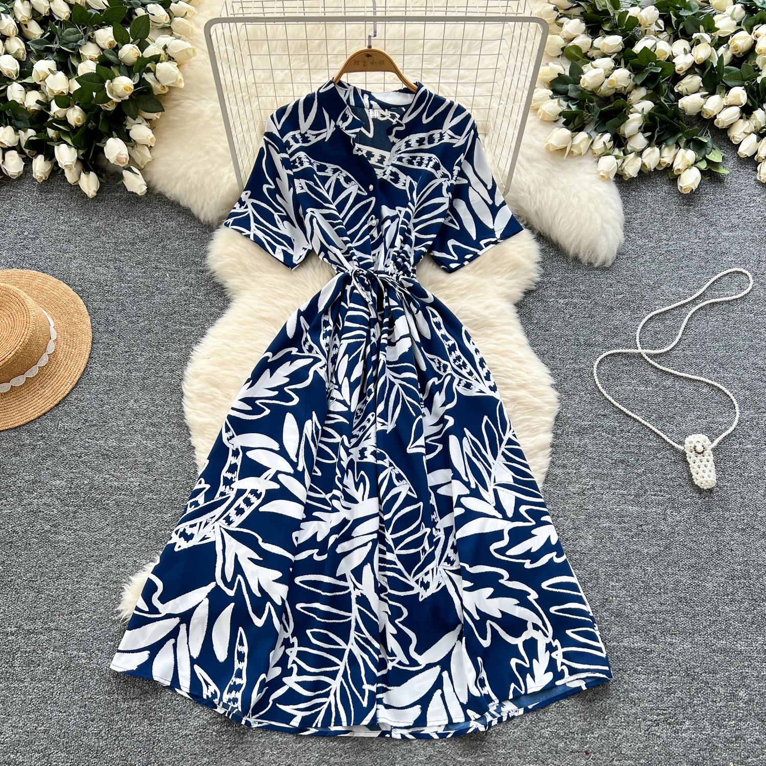 فستان نسائي صيفي بوهيمي برقبة على شكل حرف v وأكمام قصيرة