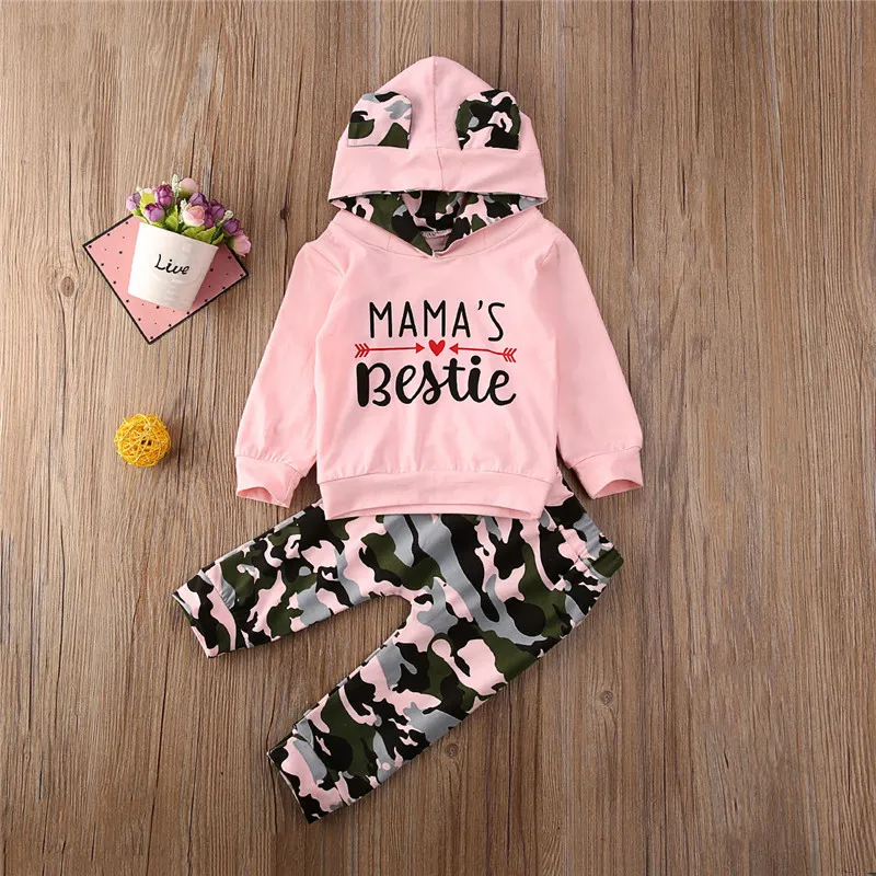 0-24Months Infant Girl Camouflage Clothes Set Pink Letter Hooded Sweatshirt Pink Long Pants Tracksuit Outfits For Baby Girls
