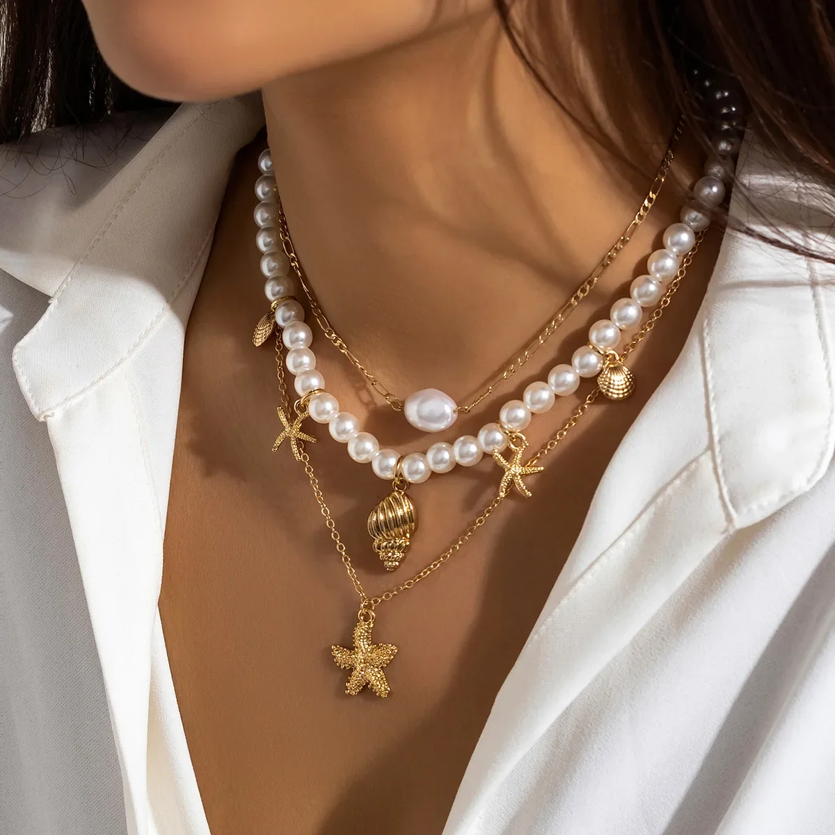 Firstmeet Beach Jewelry Set – Starfish Pendant Necklace & Earrings, Golden Ocean Pearl Dangle Set