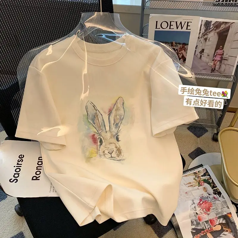 

Cotton New American Heavyweight Design Feeling Graffiti Rabbit Short Sleeved T-shirt Women Summer New Loose Round Neck Top Ins