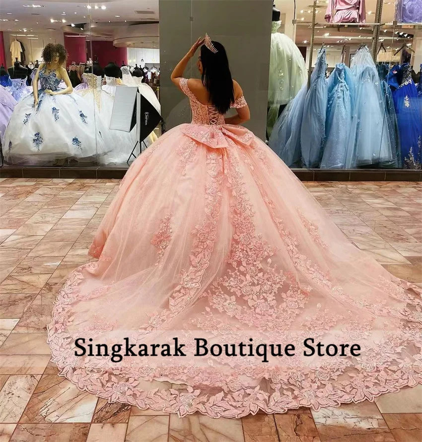 Glitter Pink Princess Quinceanera Dresses With Bow Beaded Appliques Sequins Sweet 16 Dress Vestidos De 15 a&ntilde;os Ball Gown