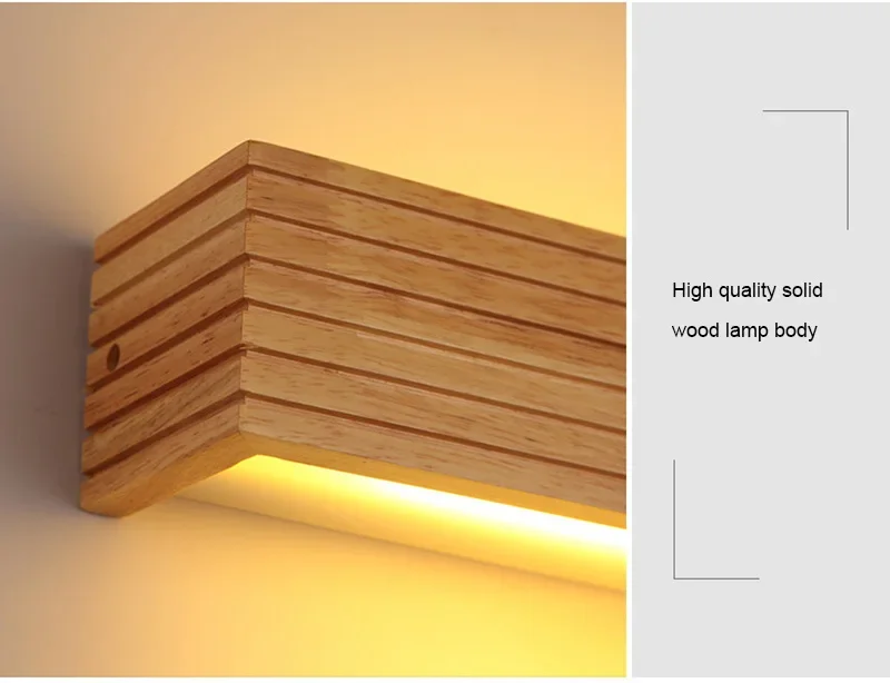 The Rectangle Wooden Wall Light, featuring horizontal grooves, emits a warm yellow glow and showcases the text "High quality solid wood lamp body," embodying Scandinavian design principles.