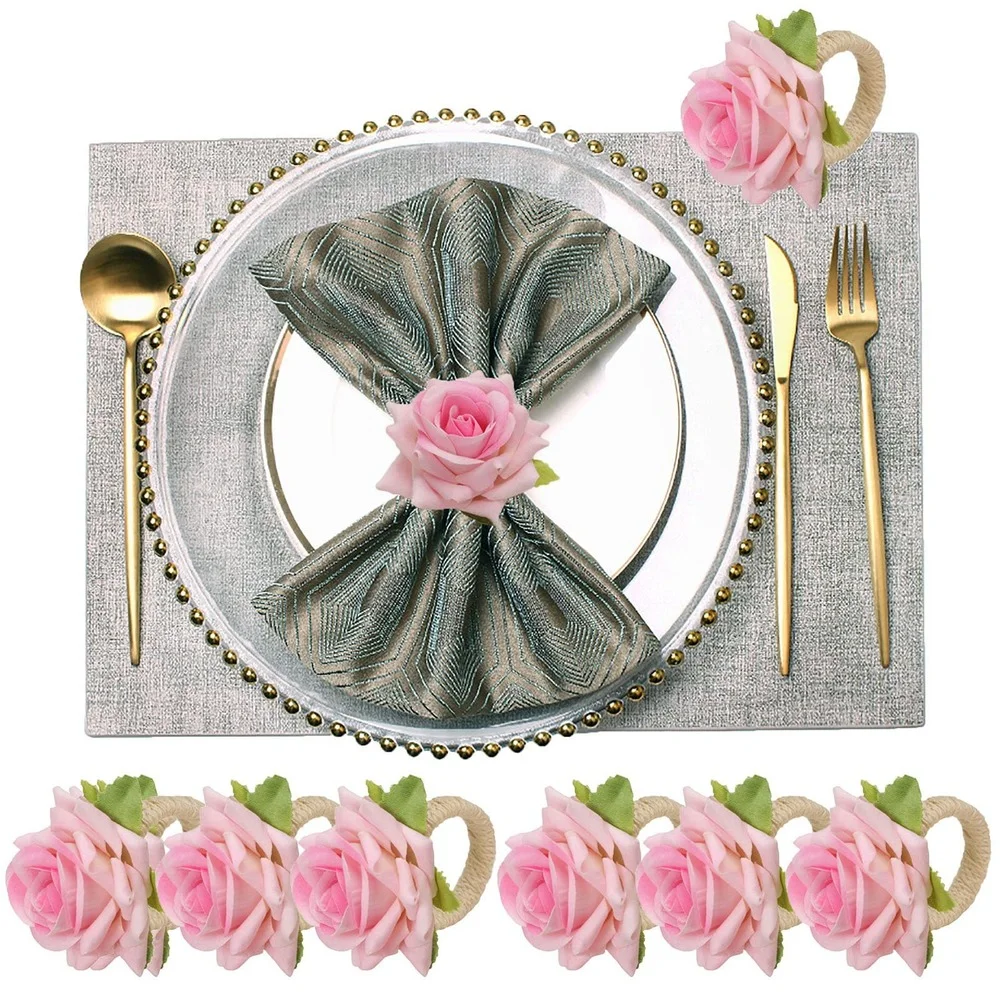 Artificial Flower Napkin Rings 12pcs/lot Faux Rose Napkin Ring Serviette Buckles Holder Table Decoration Wedding Valentine's Day