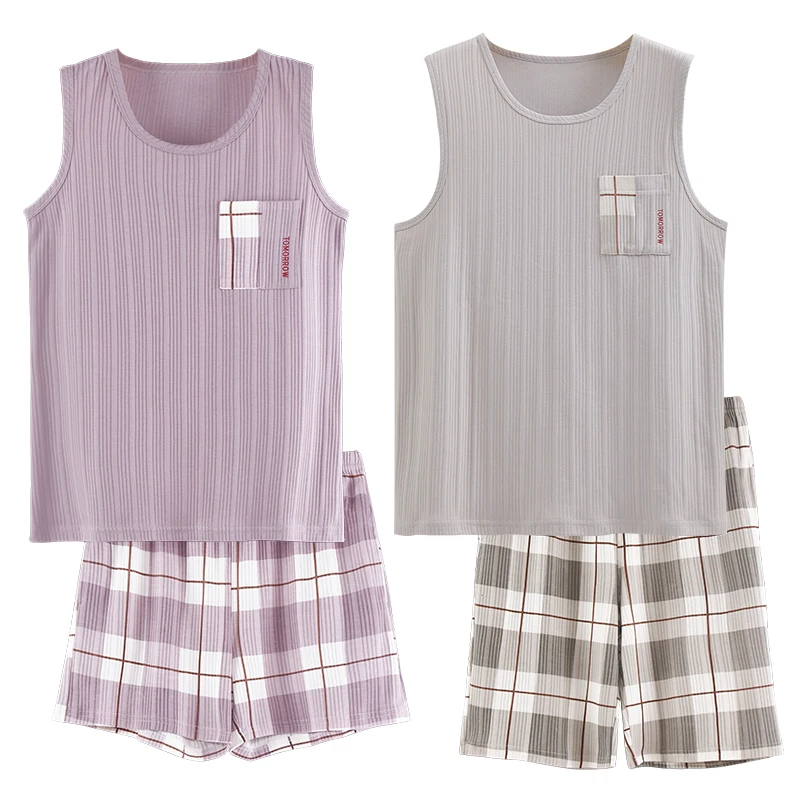 2024 new summer women's pajamas round neck vest + shorts casual simple cotton striped plaid home service couple pajamas men